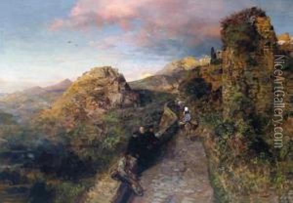 Sonnenuntergang Uber Einem Suditalienischen Bergstadtchen. Oil Painting - Oswald Achenbach
