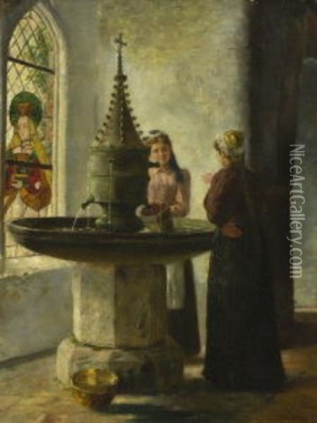 Zwei Junge Frauen Am Brunnen In Kloster Lune Oil Painting - Otto Kirberg