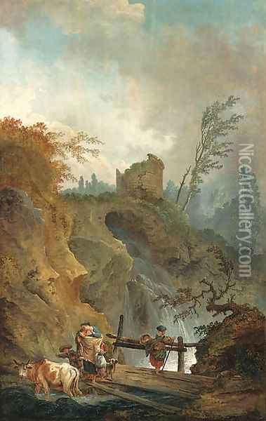 An Italianate landscape with peasants on a bridge before a waterfall Oil Painting - Hubert Robert