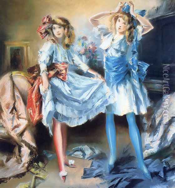 Two Girls Dressing for a Party Oil Painting - Everett Shinn