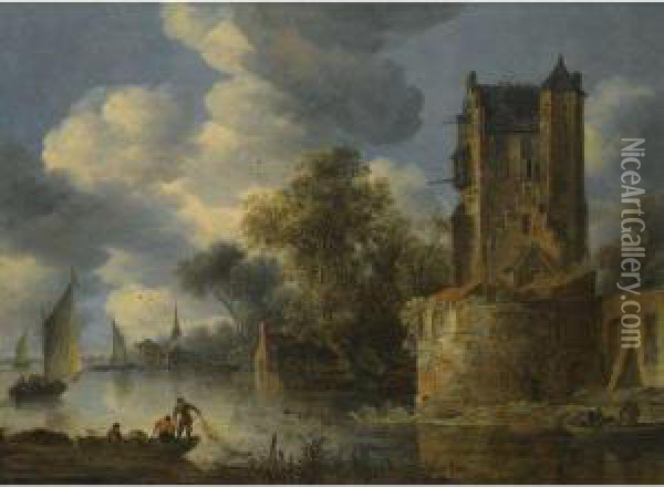 River Landscape With A Bastion Oil Painting - Adriaen Van Der Kabel