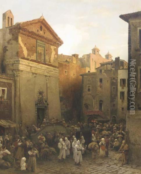 A Procession In Palestrina, Italy Oil Painting - Oswald Achenbach