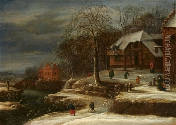 Winter Landscape With A Farmstead And Moated Castle Oil Painting - Daniel van Heil