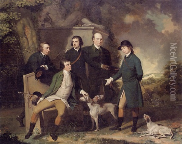 Group Portrait Of Edmund, 7th Earl Of Cork, Mr. Bingham, The Reverend Charles Digby, Colonel Cox And The Reverend Mr. Hume Oil Painting - John Hamilton Mortimer