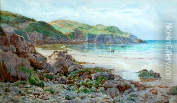 'pembroke Bay' Rocky Coastal Scene With Figure In A Small Boat Oil Painting - Tom Clough