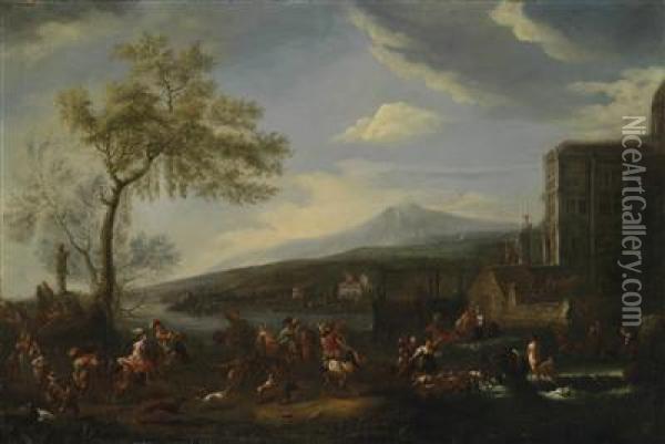A Southern Landscape With Horsemen Andshepherds Oil Painting - Pieter Wouwermans or Wouwerman