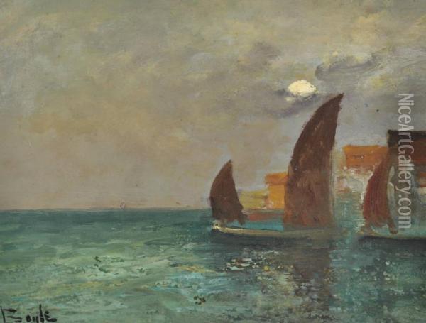 Harbour Scene By Moonlight And Sailing Boats Off The Coast Oil Painting - George Boyle
