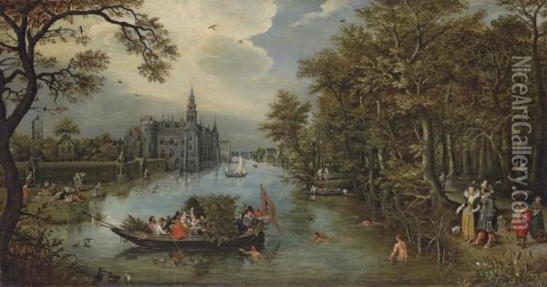 Summer: A River Landscape With 
Elegant Company Desporting In A Boatand On The Banks, A Castle Beyond Oil Painting - Adriaen Pietersz. Van De Venne