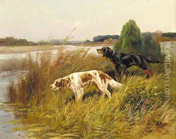 Pointers by the edge of a lake Oil Painting - Eugene Petit