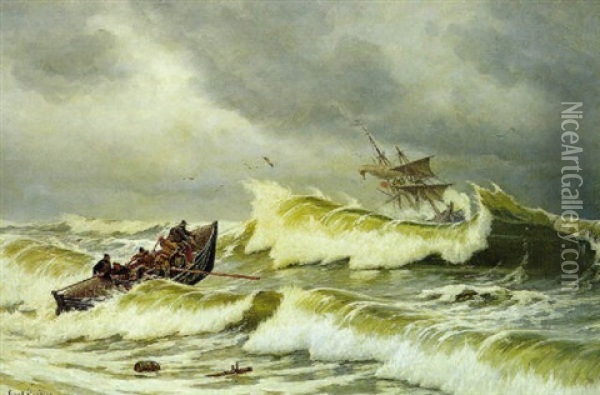 Redningsbaden Pa Vej Ud Til Et Nodstedt Skib Oil Painting - Carl Ludvig Thilson Locher