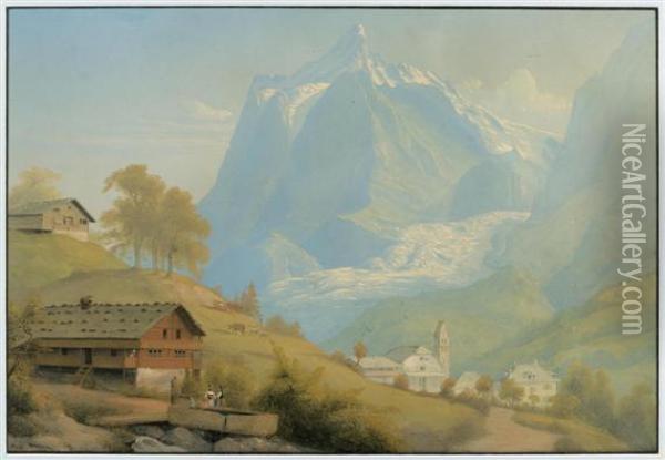 View Over Grindelwald Towards The Grindelwald Glacier And Schreckhorn Oil Painting - Johann Jakob Biedermann