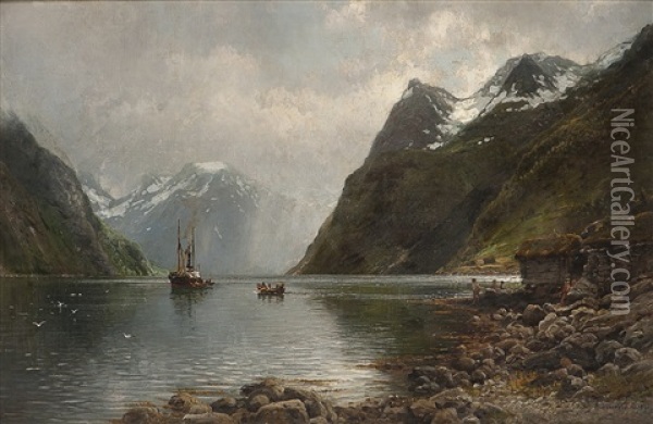 Fjordlandskap Med Folkeliv Oil Painting - Anders Monsen Askevold