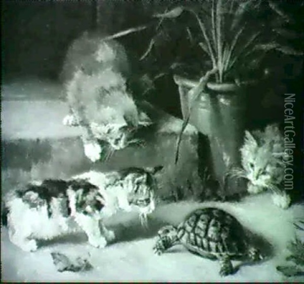 Kittens Playing With A Tortoise Oil Painting - Isabelle L. Perkin