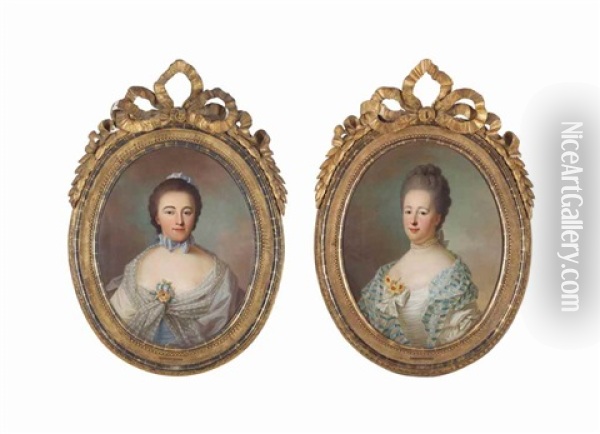 Portrait Of Baroness Isabella Agneta Van Lockhorst (1732-1765), Wife Of Jan Elias Huydecoper Van Maarseveen, Bust-length, In A Blue And White Dress With Striped Voile And Flower Piece, A Bow Around Her Neck; And Portrait Of Agneta Geertruida Van Lockhorst Oil Painting - Guillaume Jean Joseph de Spinny