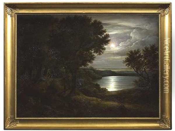 Der Lago Di Albano Bei Mondschein, Im Hintergrund Blick Auf Castelgandolfo Oil Painting - Lorenz Schoenberg