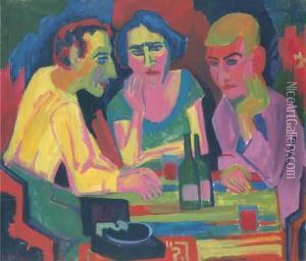 Drei Personen Am Tisch Oil Painting - Hermann Scherer