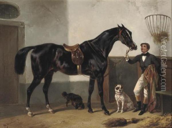 A Jockey With His Racehorse Oil Painting - Wouterus Verschuur