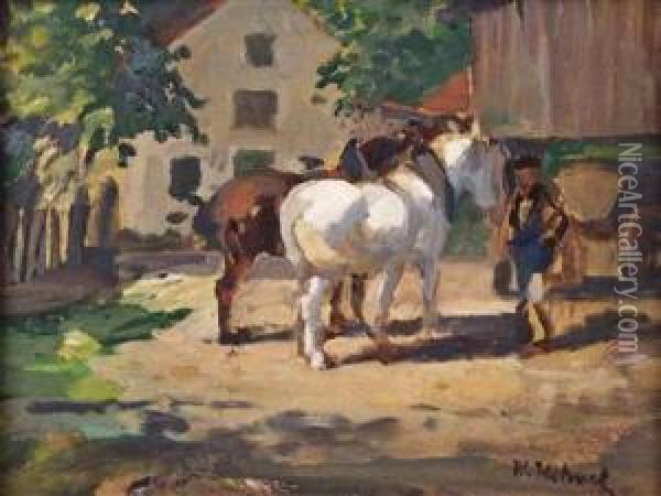 Zwei Arbeitspferde Vor Gehoft Oil Painting - Wilhelm Hohnel