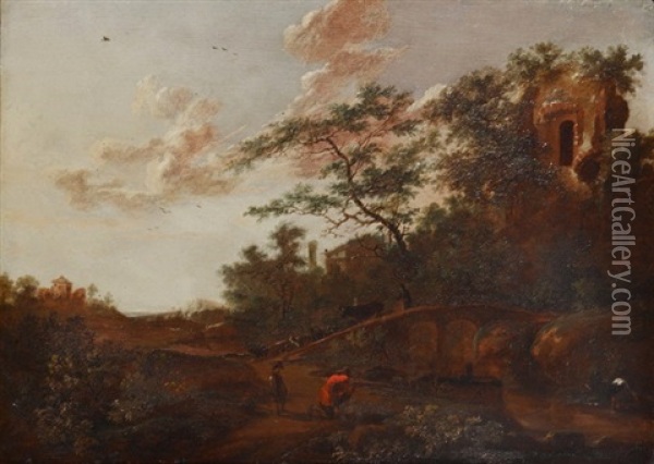 A Wooded River Landscape With A Sportsman Shooting A Heron And A Drover With Cattle And Goats On A Bridge Oil Painting - Willem Schellinks