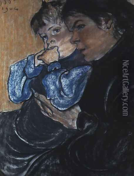 Artist's Wife with their Son Stas Oil Painting - Stanislaw Wyspianski