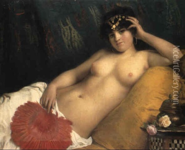 An Odalisque With A Red Fan Oil Painting - Giuseppe Costa
