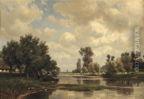 Loading A Boat On A Riverbank Near A Farm Oil Painting - Jan Willem Van Borselen