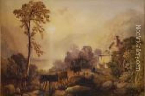 Landscape With Cattle Crossing A Bridge Andfigures Before A Cottage Oil Painting - Thomas Miles Richardson