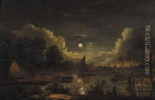 Fishermen sailing on a river by a village at night Oil Painting - Aert van der Neer