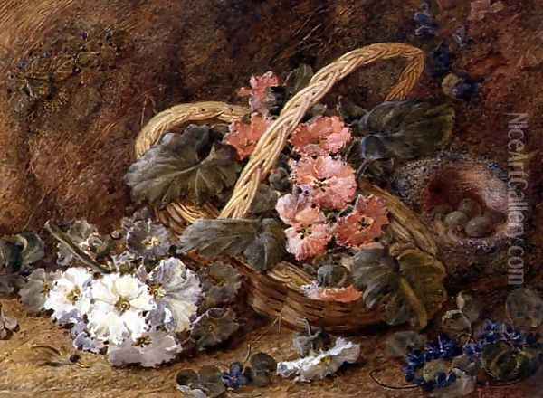 A bird's nest and a basket of flowers Oil Painting - Vincent Clare