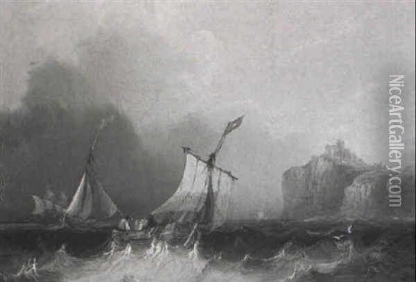 Vessels In A Stiff Breeze Off St. Michael's Mount, Cornwall Oil Painting - Frederick Calvert