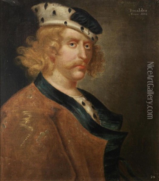 Portrait Of King Donald Iii Of Scotland, Half-length, Wearing A Gold Robe Trimmed With Blue And A Blue Cap Trimmed With Ermine Oil Painting - George Jamesone