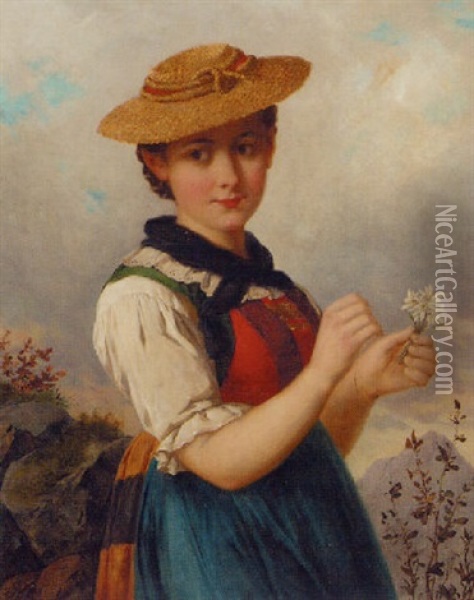 A Young Maiden In Traditional Austrian Dress Picking Edelweiss Oil Painting - Josef Bueche