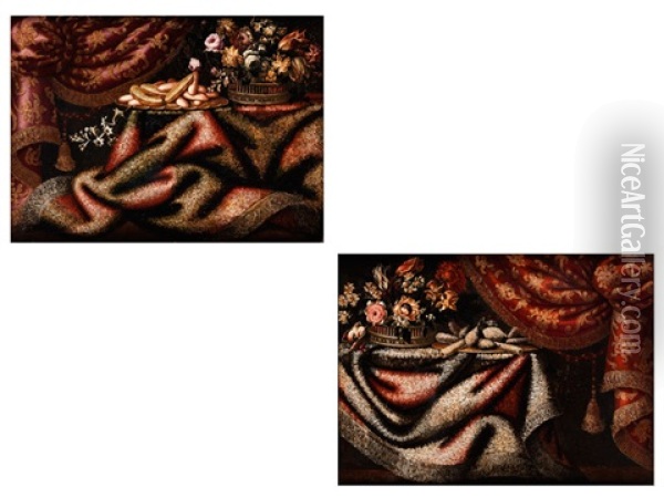 Zwei Stillleben Mit Vorhang, Teppich, Blumenkorb Und Geback Oil Painting - Francesco Noletti (Il Maltese)