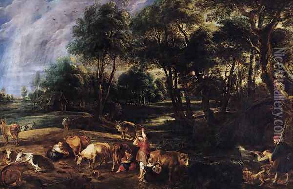 Landscape with Cows and Wildfowlers c. 1630 Oil Painting - Peter Paul Rubens