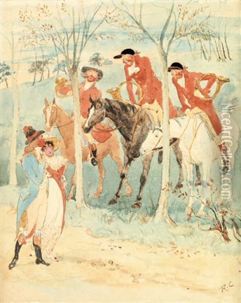 The Three Jovial Huntsmen Surprise A Young Couple Oil Painting - Randolph Caldecott