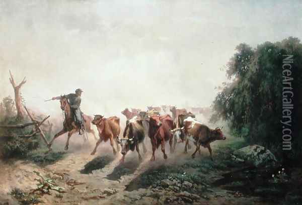 Union Drover with Cattle for the Army, 1860 Oil Painting - Otto Sommer