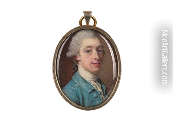 Portrait Miniature Of A Gentleman, Wearing A Green Coat And White Lace Jabot, His Hair Powdered And Worn En Queue
 Dated 1771 Oil Painting - Samuel Cotes