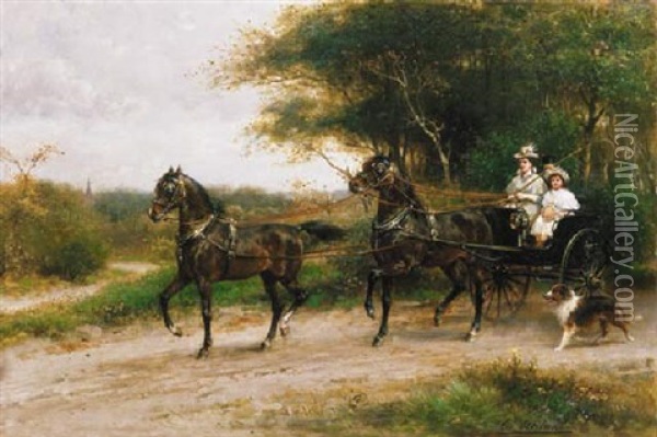 A Morning Outing; A Young Girl In A Rally-cart On A Sandy Track With A Collie In The Foreground Oil Painting - Otto Eerelman