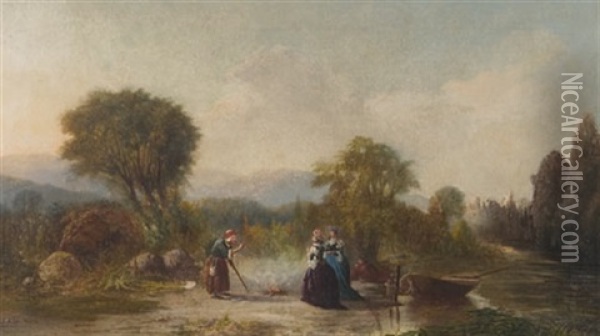 River Landscape With Figures Punting Oil Painting - William Raphael