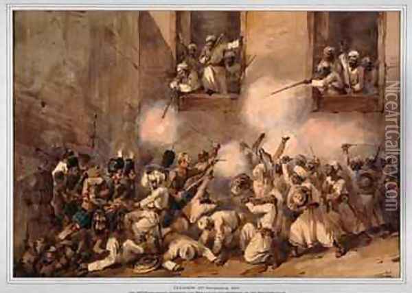 The 93rd Highlanders entering the breach at the storming of the Secundrabagh Lucknow 16th November 1857 Oil Painting - Orlando Norie