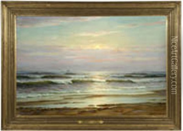 Off The Virginia Coast, Coastal View At Sunset With A Distant Clipper Ship Oil Painting - Charles A. Watson
