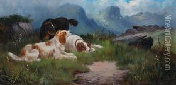 Setters By A Loch; Setters On A Hill-top Oil Painting - Sidney Yates Johnson