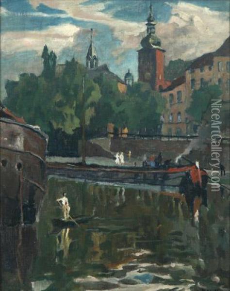 Flusspartie Mit Lastkahnen Im Hintergrund Blick Auf Ein Stadtchen Oil Painting - Rudolf Hellwag