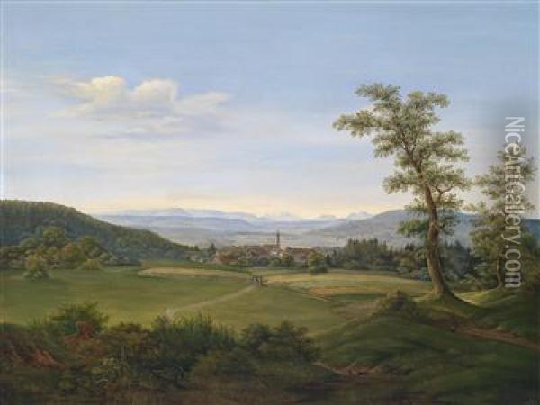 View Of Mattighofen Towards The Salzkammergut With Traunstein Oil Painting - Adolf Obermullner