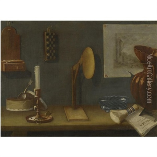 A Still Life With A Candlestick, A Box Of Sweets With A Spoon, Scissors, A Mirror, A Glass Bowl, A Shaving Brush, The Sheets Of A Play And A Jug On A Wooden Table, A Trompe L'oeil Drawing Hanging On The Wall Together With A Box Oil Painting - Bernardo German Llorente
