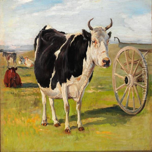 A Black-and-white Cow Oil Painting - Theodor Philipsen
