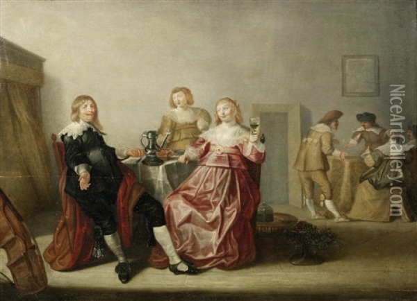 An Elegant Company Merrymaking In An Interior Oil Painting - Jan Olis