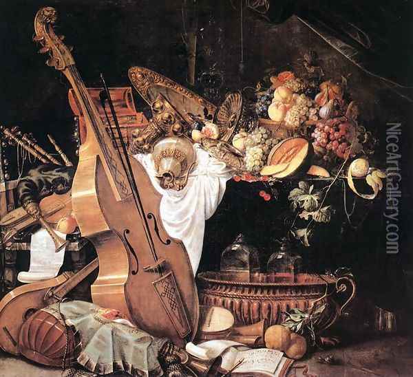 Vanitas Still-Life with Musical Instruments, 1661 Oil Painting - Cornelis De Heem