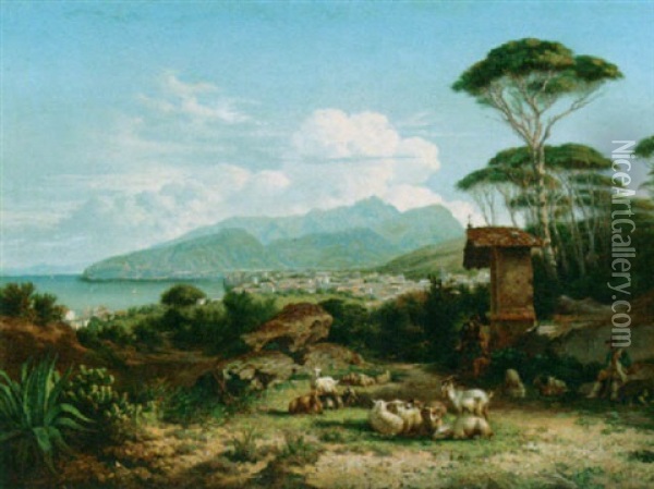 A Shepherd And His Flock In An Italian Landscape Oil Painting - Charles Coumont