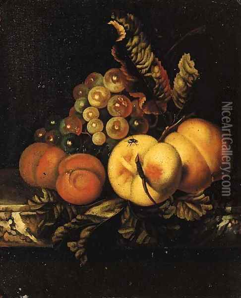 Peaches, apricots and grapes on a marble ledge Oil Painting - Ernst Stuven